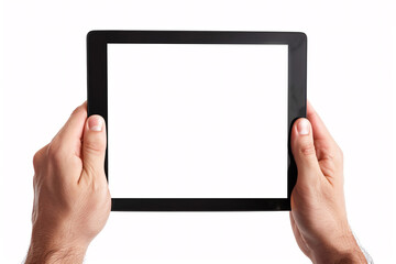 Wall Mural - Hands touching blank screen of black tablet computer, isolated on white background, hand holding tablet