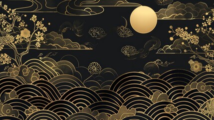 Wall Mural - Illustration of Japanese icons. An art style based on oriental patterns.