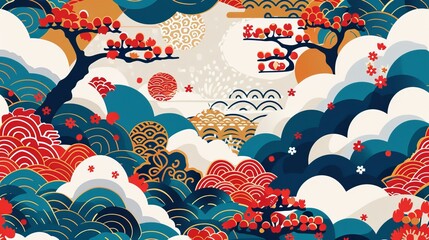 Wall Mural - Animated Japanese pattern modern background. Flower, wave, tree icons.