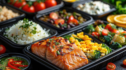 Wall Mural - Take away or canteen self service food in trays, including grilled salmon fish, salad, rice, greens, dark background.