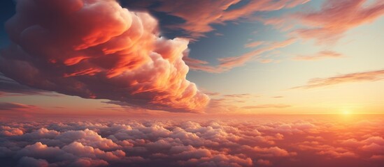 Wall Mural - The sun slowly sinks below the clouds, casting a warm afterglow over the sky. The natural landscape is painted in hues of red as dusk sets in