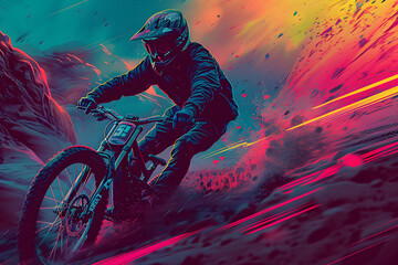 Wall Mural - abstract 3d illustration of a jumping motocross rider on blue. motocross freestyle. 