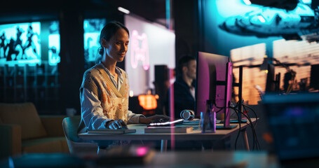 Poster - Portrait of a Beautiful Happy Female Project Manager Working in Creative Agency, Reviewing Marketing Strategy. Lead Specialist Using Desktop Computer, Analysing Data, Thinking and Solving Problems