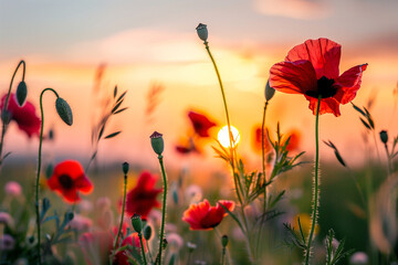 Sticker - Close-Up Macro of Colorful Papaver Rhoeas Flowers in Meadow at Sunset: Selective Focus and Shallow Depth of Field

