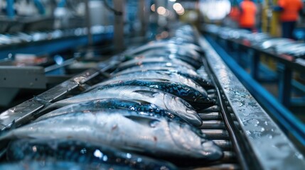 Raw sea fish on a factory conveyor belt modern food industry Fish processing factory.