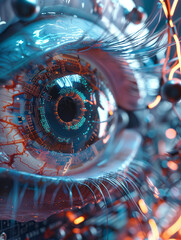 Wall Mural - Hyperrealistic Blue Human Eye with Chips and Computers Surrounding: Highly Detailed