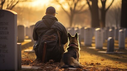 American war veteran in a wheelchair with small us flag and with Dog German Shepherd in a cemetery at Day of Remembrance