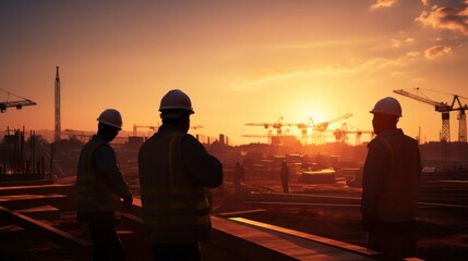 Silhouettes of a group of male engineers wearing hard hats and engineering uniforms Construction project management sunset