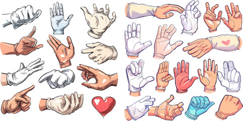 Wall Mural - pointing with finger, heart gesture, handshake. high five, fist, idea sign