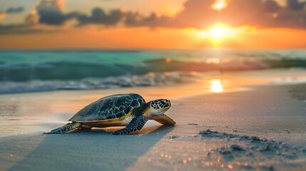 Poster - Beautiful sea turtle on the beach in sunset