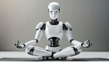 Close-up of a humanoid robot in yoga meditation with crossed legs, front view. Artificial intelligence concept. Generative Ai.