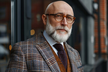 Wall Mural - A man with a beard and glasses is wearing a plaid jacket and tie. portrait of positive bearded senior man with bald head in trendy checkered formal suit and tie with eyeglasses