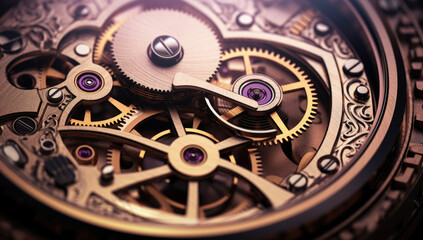 Wall Mural - Mechanism, clockwork of a watch with jewels, close-up. Vintage luxury background. Time, work concept.