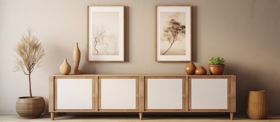 Wall Mural - A cozy living room with a wooden cabinet, potted plants, and paintings hanging on the wall. The room features picture frames, windows, art, and a beautiful wood flooring