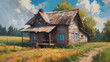 paint like illustration of wooden house on summer rural field, idea for home art wall decor