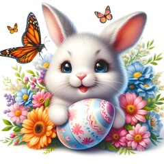 Cute cheerful bunny close-up, smiling broadly and holding a colored egg in his hands, flowers around the butterfly. Easter holiday, a painted egg and a cheerful little rabbit, brightly colorful decora