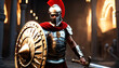 Roman male legionary (legionaries) wear helmet with crest, gladius sword and a scutum shield, heavy infantryman, realistic soldier of the army of the Roman Empire, on Rome background.