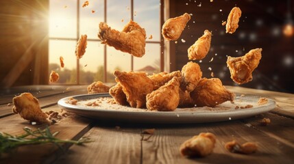 Wall Mural - crispy fried chicken on a platter in breadcrumbd falling in the air, rustic wooden table