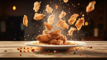 Wall Mural - crispy fried chicken on a platter in breadcrumbd falling in the air, rustic wooden table