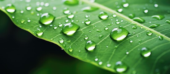 Poster - A macro shot of a lush green leaf covered in glistening water droplets. The beauty of nature captured in a closeup of a terrestrial plant after a refreshing rain shower