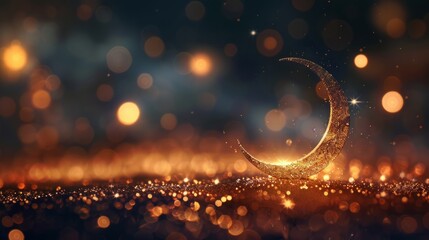 Wall Mural - Radiant ramadan kareem: serene moon gleaming amidst shimmering glitter and abstract, softly focused lights