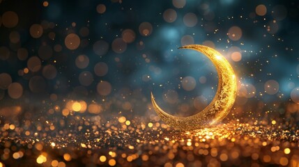 Wall Mural - Radiant ramadan kareem: serene moon gleaming amidst shimmering glitter and abstract, softly focused lights