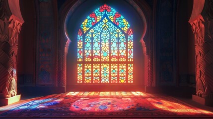 Wall Mural - Ramadan kareem background: vibrant mosque window illuminated by soft light, symbolizing peace and reflection during the holy month in islamic culture