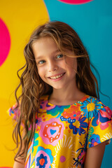 Portrait of an happy 8 year old caucasian girl kid wearing colorful clothes posing in front of bright background