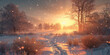 Banner background with winter landscape with copy space , sun low over the horizon at sunrise in wintery panorama view with white trees and falling snow