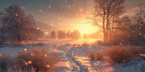 Wall Mural - Banner background with winter landscape with copy space , sun low over the horizon at sunrise in wintery panorama view with white trees and falling snow