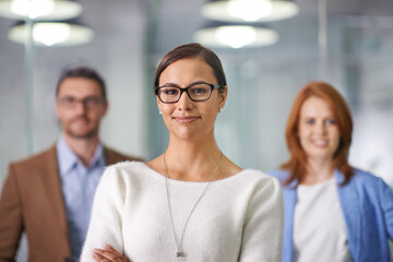 Portrait, woman or business with team, leadership or confidence in staff diversity in Amsterdam. Businesswoman, office worker or colleague in commitment together in professional, corporate or company