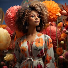 Poster - Une femme debout devant des fleurs