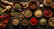 Group of Chinese spices and herbal medicines arranged on table. Top view. Healthy condiment concept. 