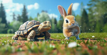 A Turtle And Rabbit In A Cartoonish 3D Race Where The Turtles Wheels Give It An Unexpected Speed Boost