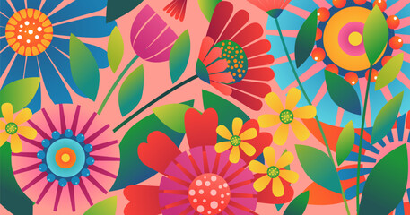 Spring Bright Blooming Flowers with Plants pattern with Gradient Noise Style