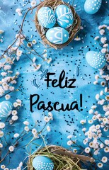 Feliz Pascua - Happy Easter in Spanish. Abstract background with painted Easter eggs and flowers. Easter concept background. Lettering calligraphy text.