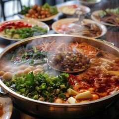 Wall Mural - A large bowl of hot pot food with a variety of vegetables and meat. The food is steaming and looks delicious