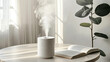 A photo shows an air humidifier product placed on a modern minimalist table. With a background of clean white walls and minimalist furniture, Ai generated Images