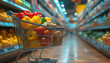 © MarijaBazarova - Grocery shopping. Shopping cart full of healthy vegetarian food, vegetables in supermarket aisle side tilt.