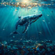 海洋ゴミの中を泳ぐクジラ