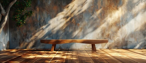 Wall Mural - Moodboard of an empty room with a wood laminate floor, with shadows cast by the sun on the wall. Perspective of minimal interior design. 3D rendering.