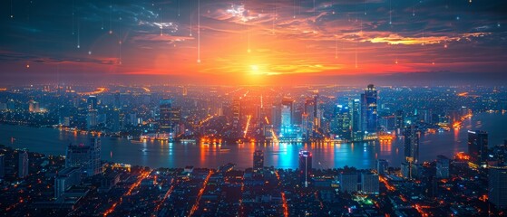 Fototapete - In Bangkok, Thailand, a night city banner with big data shows a connected Smart City dot point with gradient line. It represents the concept of connection technology metaverse.