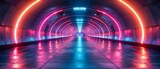 Fototapeta  - A sci-fi futuristic cyberpunk space corridor featuring neon black and purple glow-in-the-dark light strips