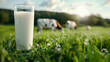 glass of fresh milk in the meadow with cow grazing in background
