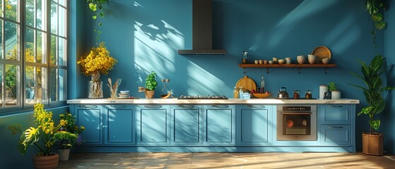 Fototapete - Kitchen interior with blue and white utensils. Cozy bright kitchen with appliances and utensils. Working space of the kitchen. 3D illustration.
