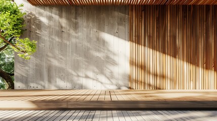 Canvas Print - Rendering of an exterior wooden balcony with a large wall of empty concrete.