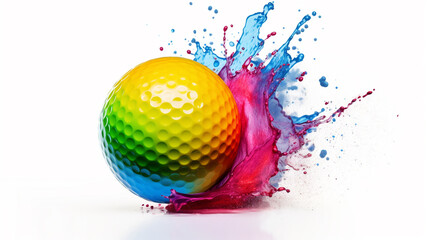 A golf ball with colorful splash on white background