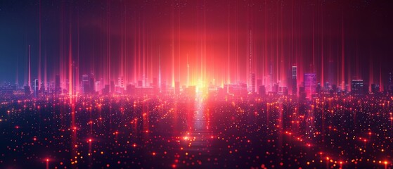 Fototapete - The concept of connected big data in a smart city is explored with the use of gradient lines and aesthetic wave lines, and an abstract dot point is connected with an abstract dot point.