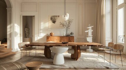 A minimal and luxury Parisian haussmann interior with an accent of wabi sabi style