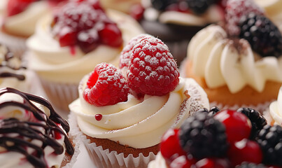 Poster - Delicious sweet cakes close-up on a white background